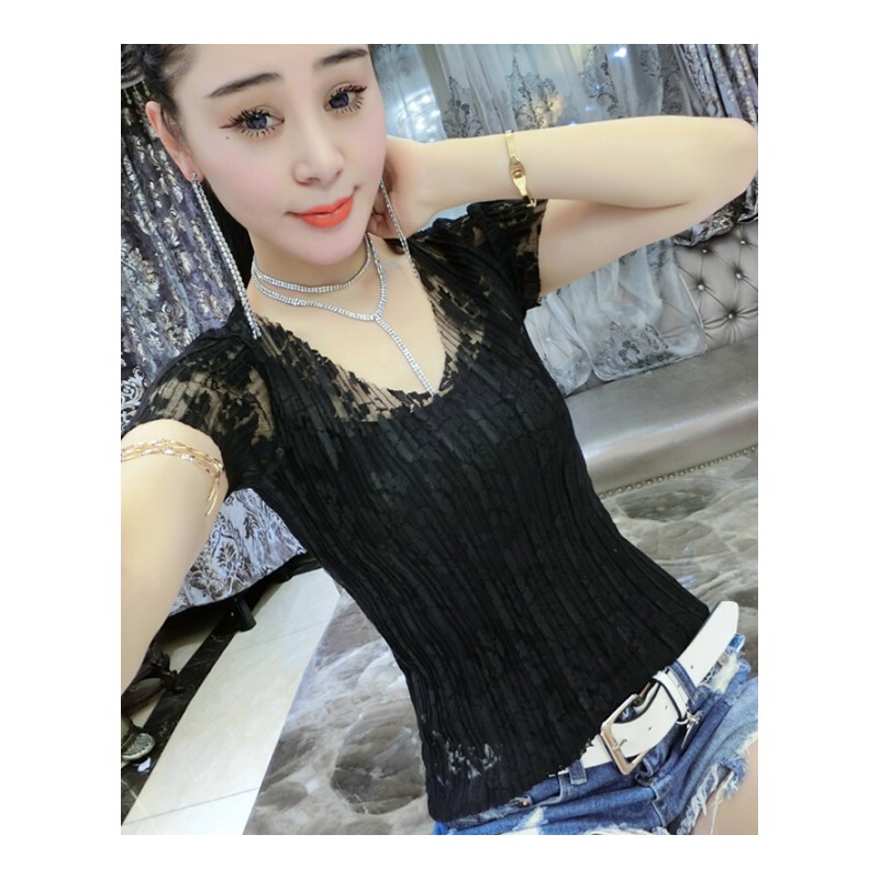2018夏季新款短袖T恤女修身弹力蕾丝性感两件套打底衫V领半袖上衣