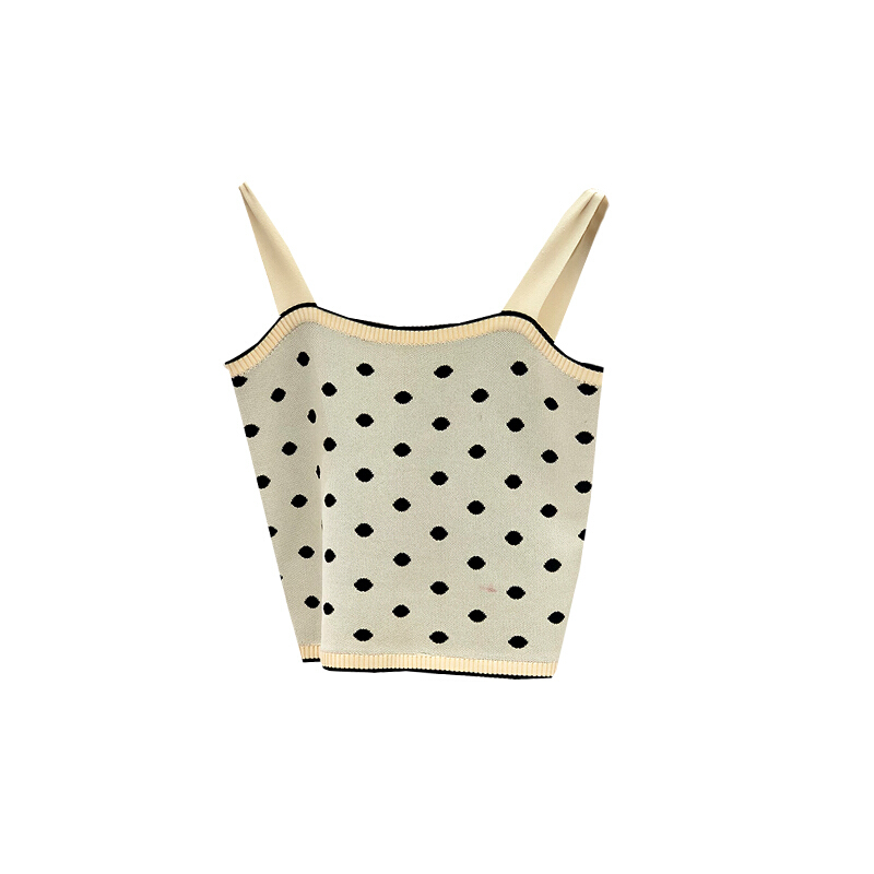 2018年夏季韩版休闲显瘦气质波点针织带上衣女杏色均码