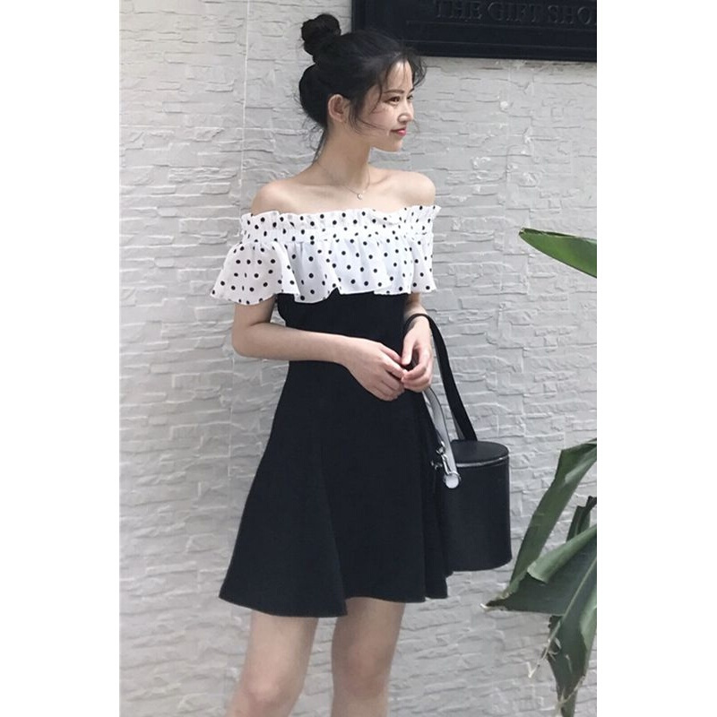夏季韩版修身显瘦休闲一字领波点露肩A字裙连衣裙女图片色