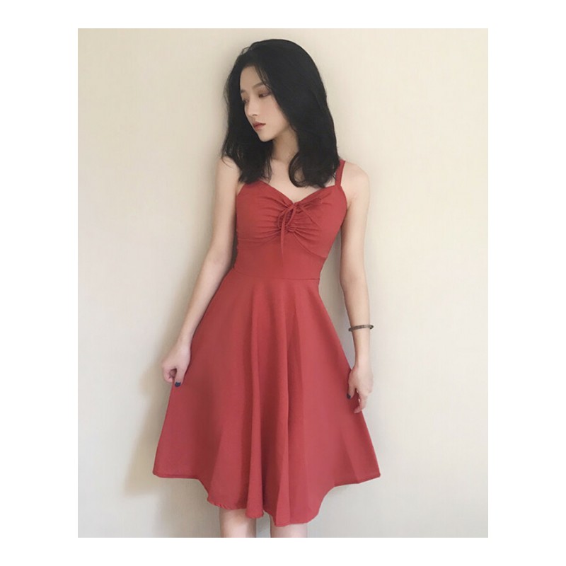 夏季女装复古小心机连衣裙显瘦韩版高腰露肩v领带裙粉红色均码