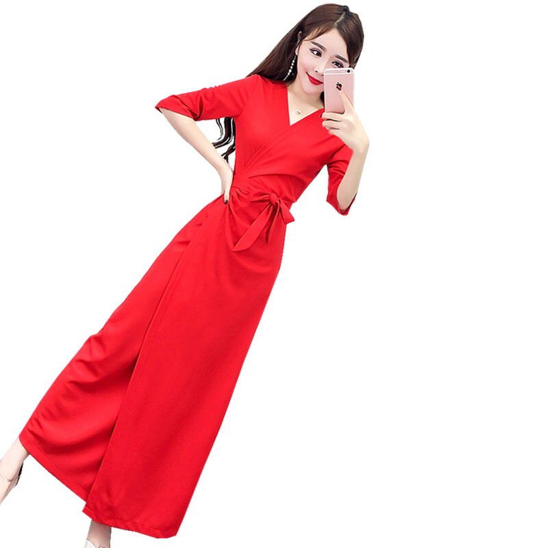 2018夏季韩版气质V领修身收腰系带显瘦开叉包臀连衣裙长裙女黑色均码