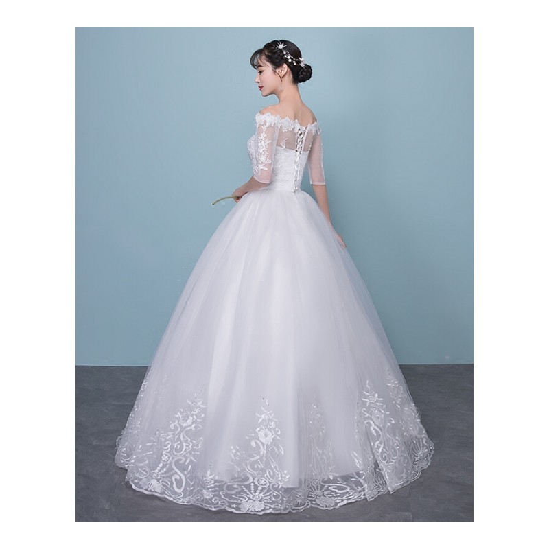 齐地婚纱礼服2018新款新娘结婚一字肩中长袖简约公主韩式修身显瘦