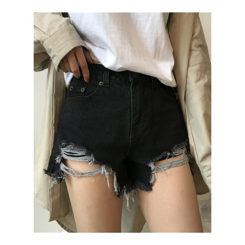 2018夏季做旧破洞宽松直筒短裤显瘦高腰牛仔裤社会女热裤