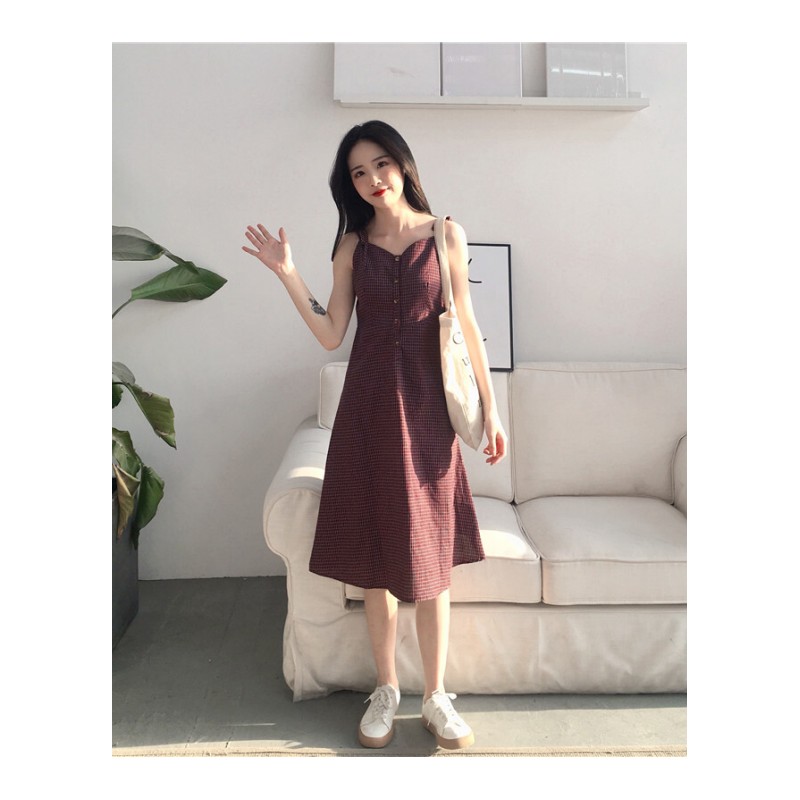 夏装2018韩版复古V领单排扣带格子连衣裙女显瘦中长裙