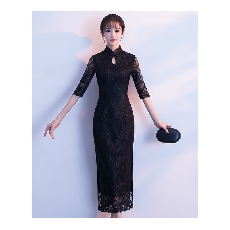 黑色少女蕾丝旗袍中长款中袖淑雅气质改良版刺绣修身连衣裙女黑色