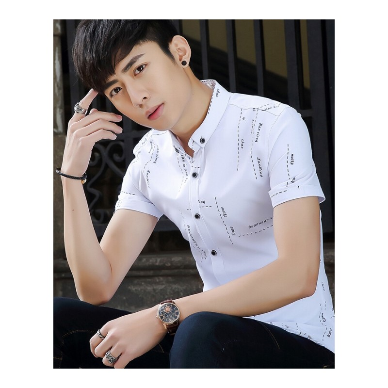 短袖衬衫男夏季薄款青少年条纹半袖衬衣韩版修身时尚潮