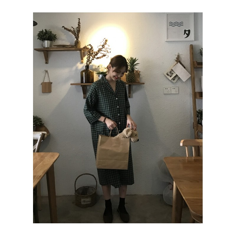港味复古夏季气质显瘦七分袖格子衬衫连衣裙系带中长裙女绿格均码(160/84A)