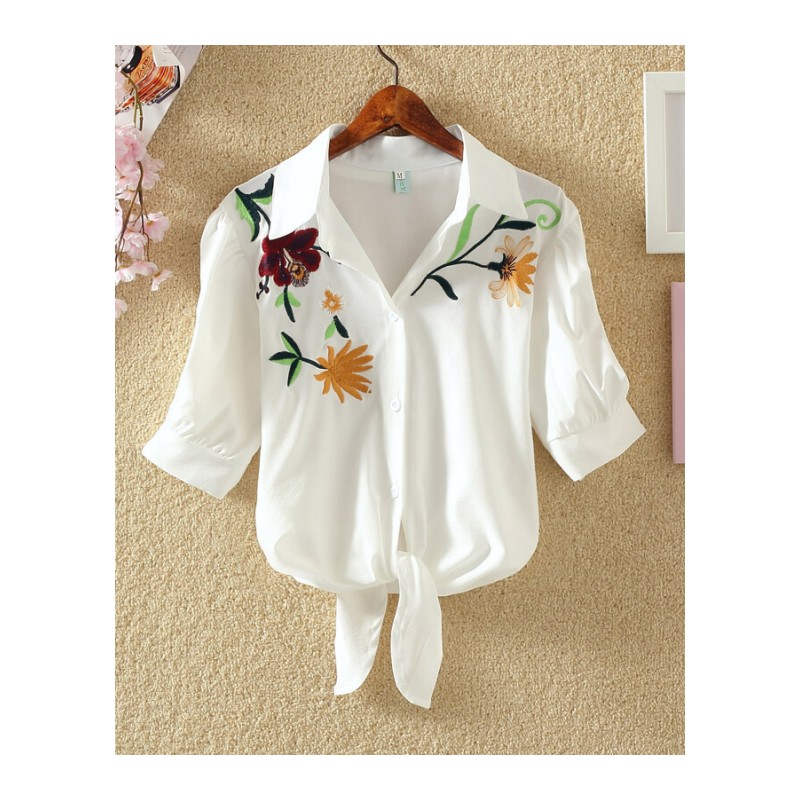 春夏季韩国刺绣单排扣宽松大码气质西装领短袖泡泡袖衬衫女