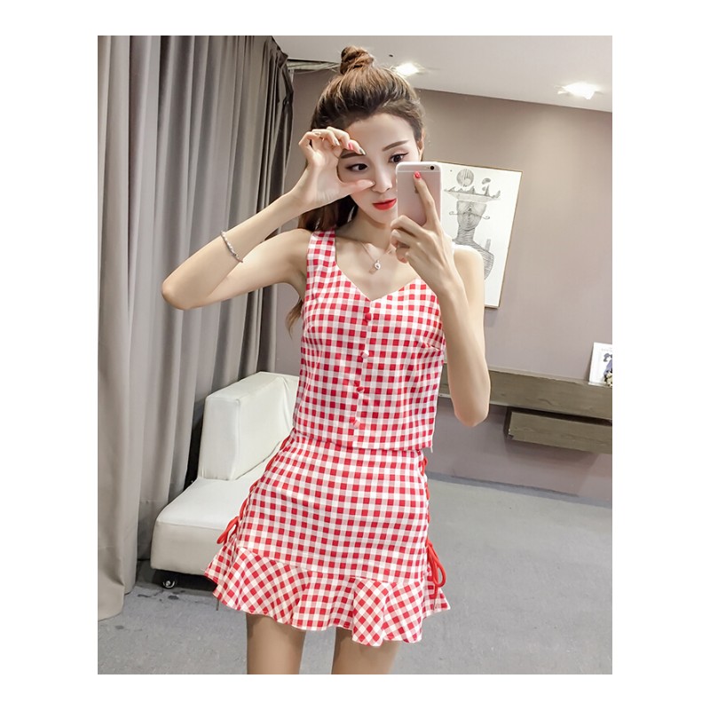 2018夏装韩版时尚气质两件套装裙千鸟格子绑带荷叶边连衣裙女
