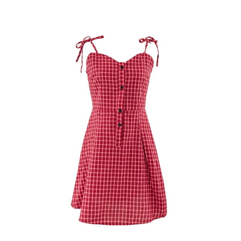 夏季复古格子蝴蝶结系带修身显瘦单排扣度假带裙连衣裙女红色格子