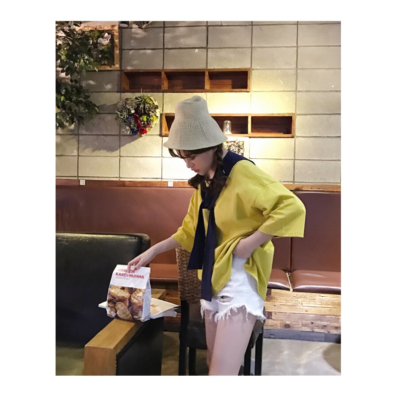 春夏女装韩版学院风刺绣海军风披肩宽松短袖T恤打底衫上衣体恤潮黄色均码