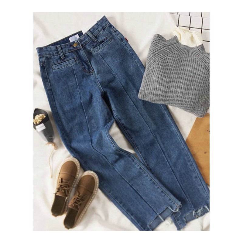 大码九分牛仔裤女胖mm韩版宽松显瘦春秋新款高腰直筒阔腿裤200斤浅蓝色8926S码[90-100斤]