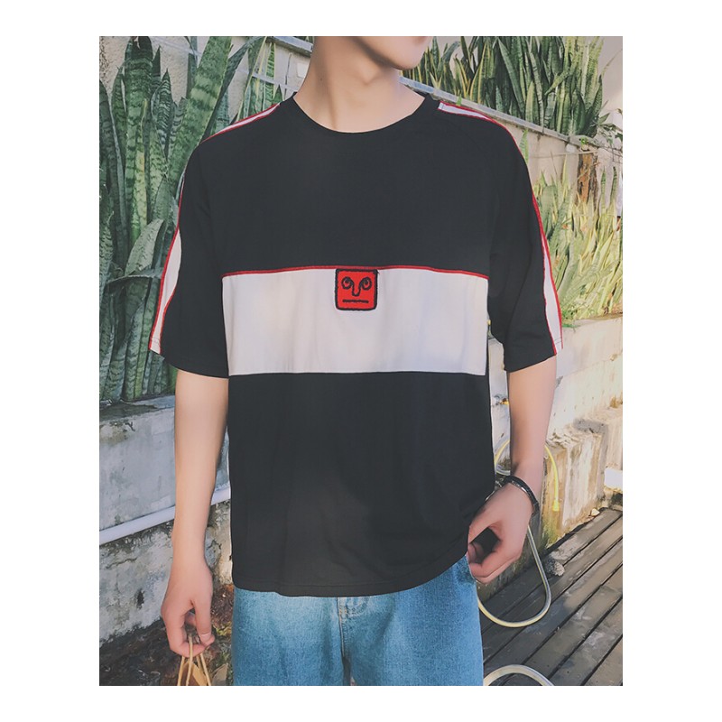 夏季新款原宿风bf宽松5五分短袖T恤男韩版潮流学生上衣服