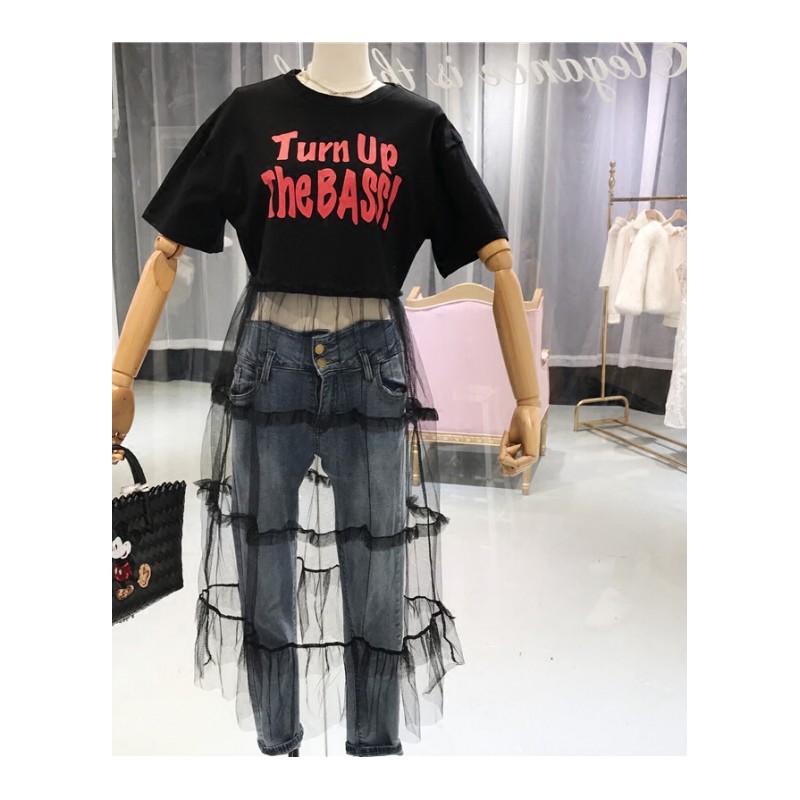 2018夏季韩版短袖修身字母拼接透明网纱连衣裙假两件女装白色均码