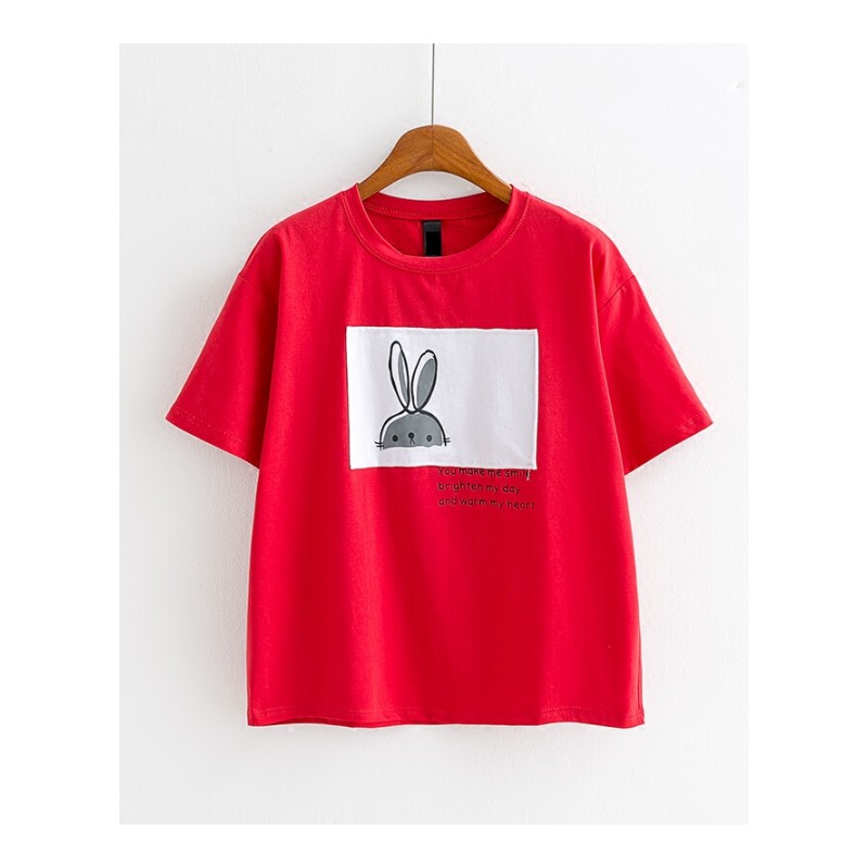 夏季韩版 贴布可爱卡通小兔子背后印花圆领短袖学生装T恤女 粉红色 贴布兔子691 均码