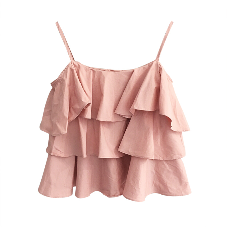 2018夏季韩版女学生短款外穿甜美气质垂感荷叶边无袖带背心白色均码