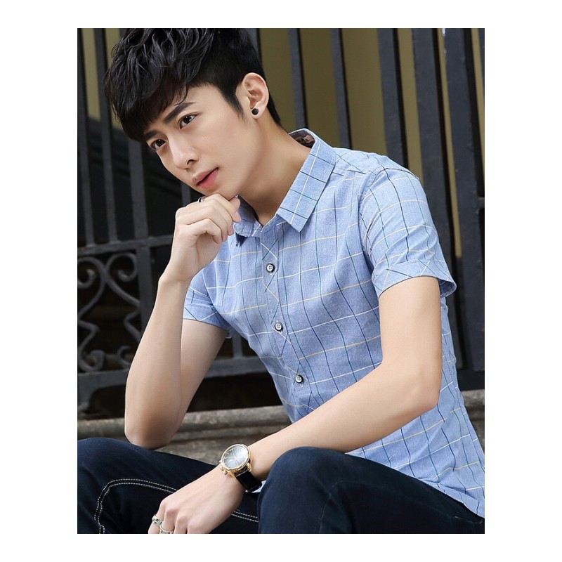 夏男修身韩版格子衬衫潮流青少年商务休闲短袖衬衣蓝色巴那拉9901
