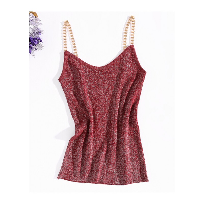 带女夏季短款亮丝闪光金属链条v领打底外穿冰丝针织背心潮酒红色均码