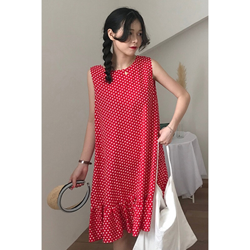 夏季韩版小清新波点圆领系带背心连衣裙女宽松中长款荷叶边裙红色均码(160/84A)