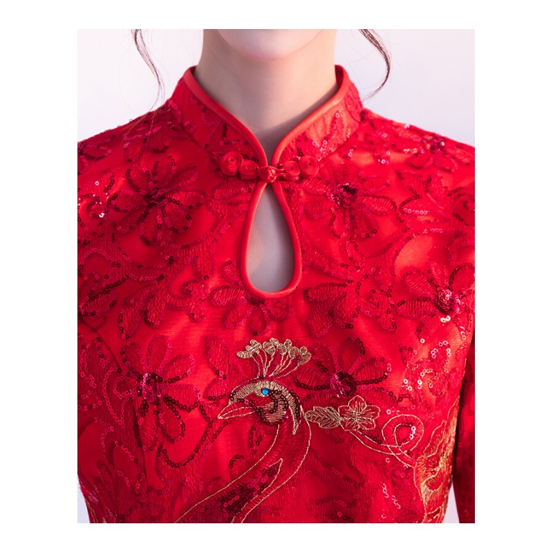 红色旗袍新娘敬酒服2018新款春季中国风回服中式短款结婚礼服女