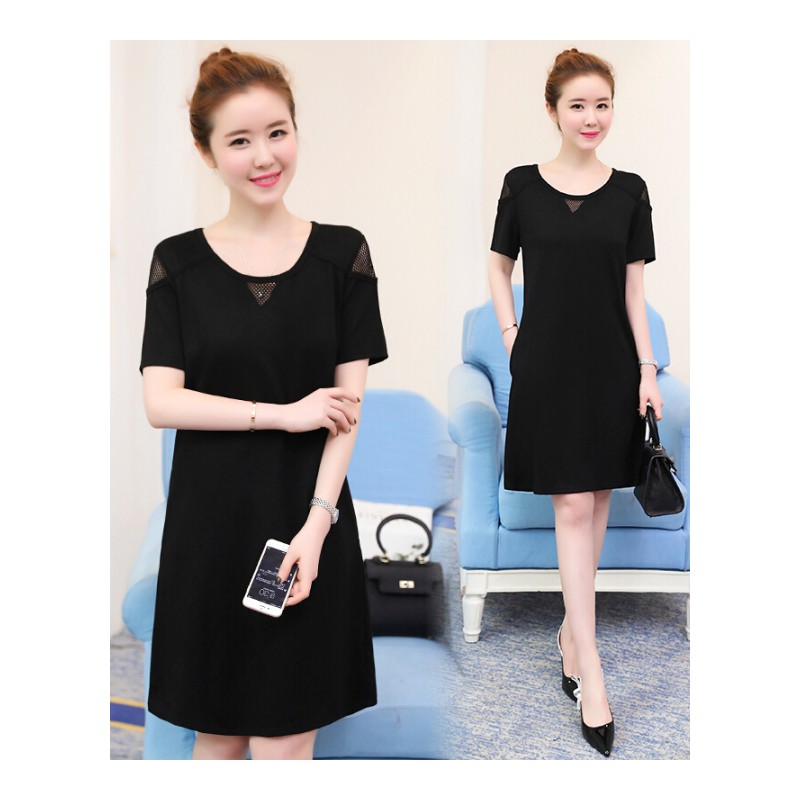 加肥加大码女装2018夏季200斤胖MM简约纯色宽松显瘦A字连衣裙黑色