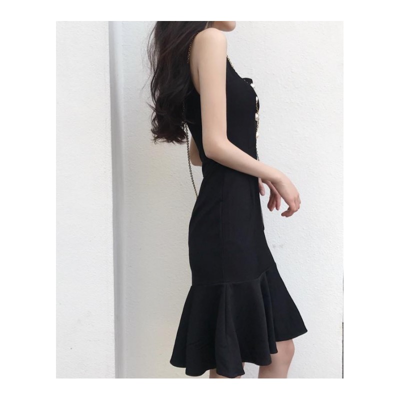 夏季韩版复古收腰显瘦荷叶边鱼尾裙中长款高腰带连衣裙女黑色