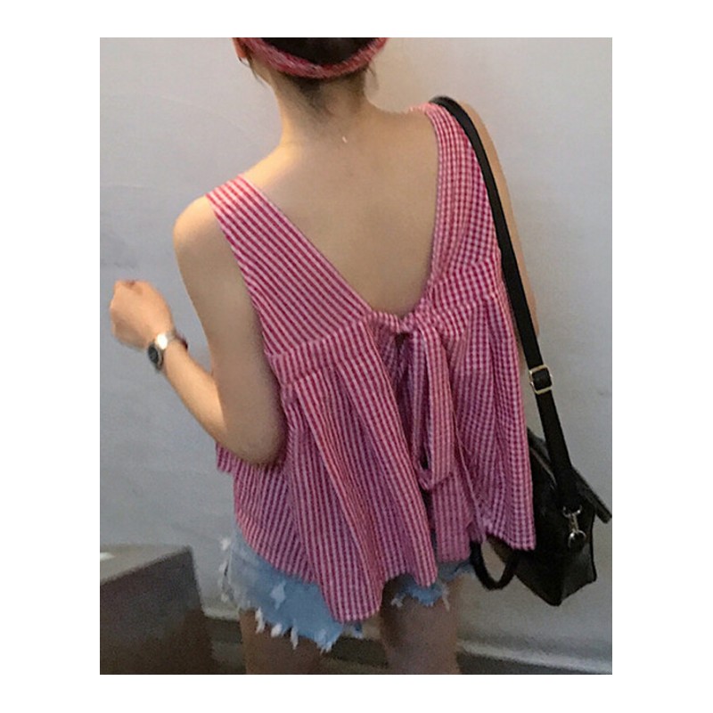 夏季宽松格子系带露背带背心韩版小清新无袖上衣学生女黑色均码