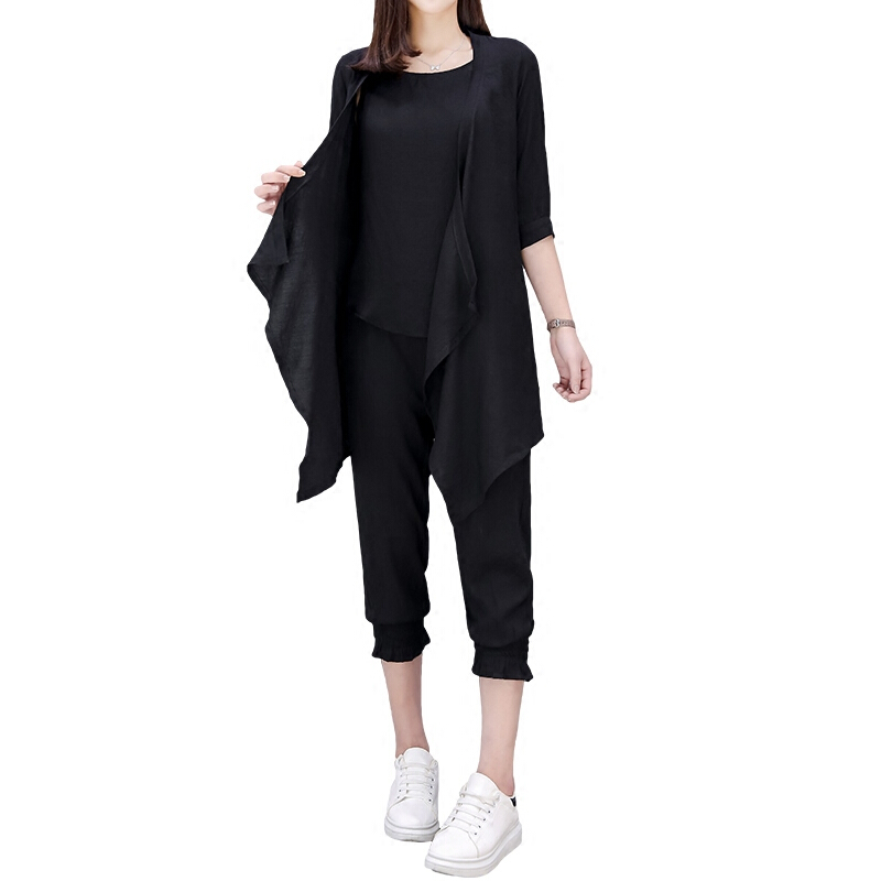 胖妹妹三件套加肥加大码套装2018女夏套装宽松女装胖mm200斤 黑色 4XL[180-205斤]