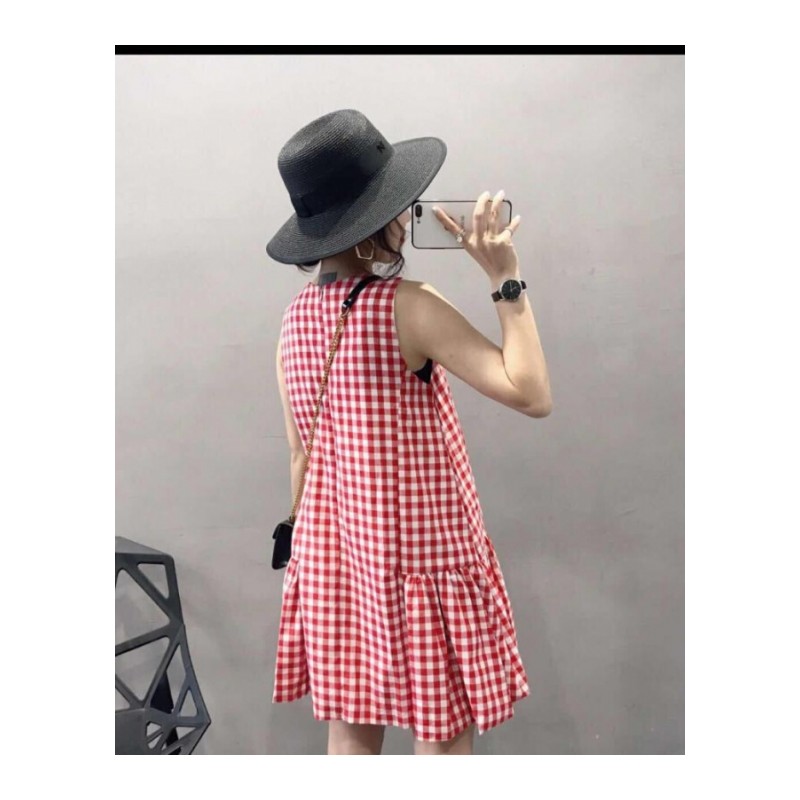 名媛女装2018夏装圆领韩范下摆荷叶边无袖中长款格子连衣裙女黑色均码