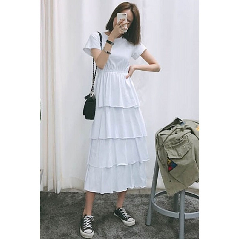 2018夏季韩国学院风小清新收腰显瘦层层连衣裙女气质长裙