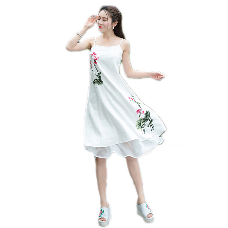民族风绣花棉麻带连衣裙旅游气质刺绣温柔风带裙女夏 白色(90-140斤) 均码