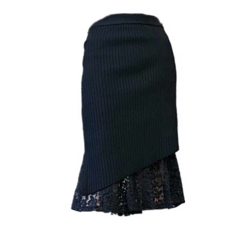 2018春季新款高腰蕾丝针织半身裙中长款女士毛线开叉一步裙包臀裙黑色(常规厚)