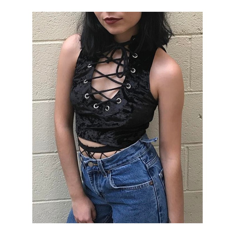 欧美秋冬性感绑带镂空显胸无袖丝绒带背心内搭紧身上衣女黑色