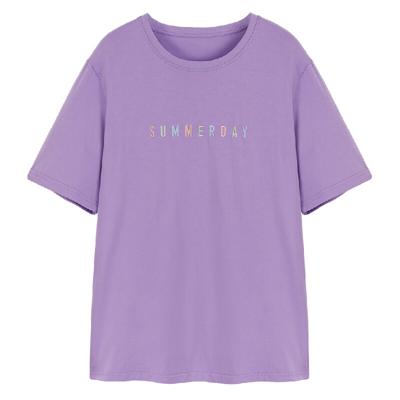 圆领字母T恤女短袖夏季2018宽松体恤简约刺绣上衣香芋紫