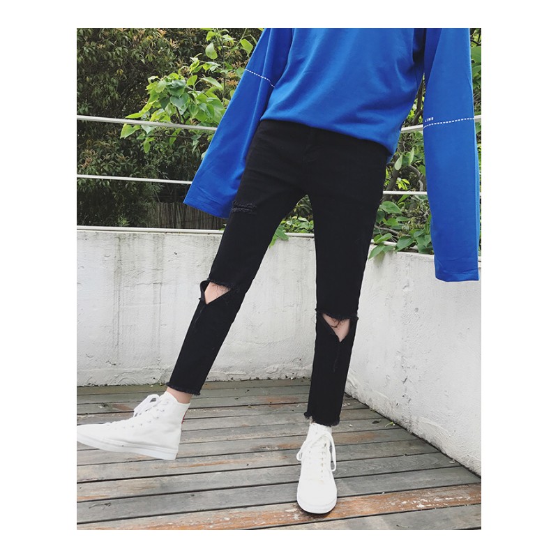 2018夏季新款韩版修身小脚破洞牛仔裤帅气bf风九分裤男潮黑色