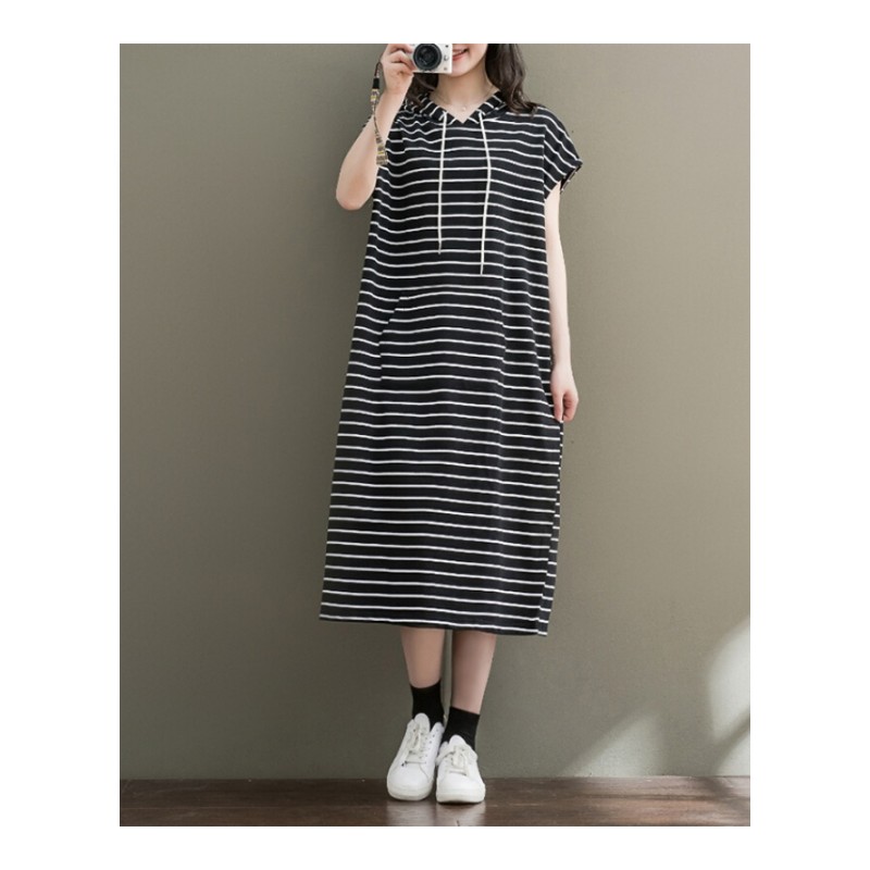 2018夏装文艺宽松显瘦休闲长款T恤条纹连帽大码无袖连衣裙女