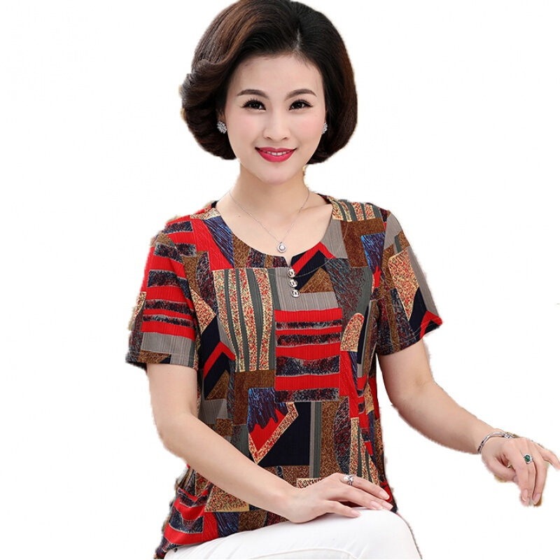 2018夏装50-60岁宽松大码中老年女妈妈装上衣条纹短袖T恤卡其XL建议85-100斤