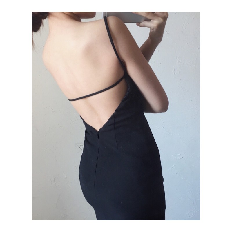 夏季优雅知性风性感镂空大露背设计款修身包臀带连衣裙女沙滩裙黒