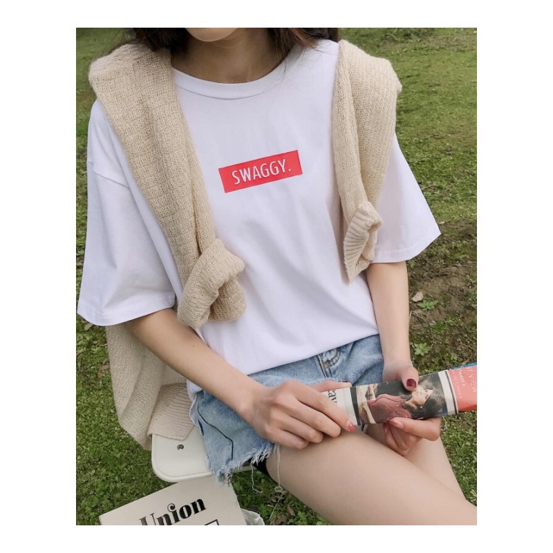 -2018春新款女装韩版圆领字母印花宽松显瘦短袖T恤0326白色