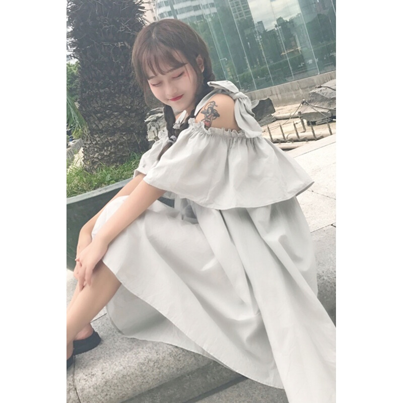 2018夏季女装韩版学生荷叶边少女蝴蝶结带一字领短袖连衣裙灰色均码