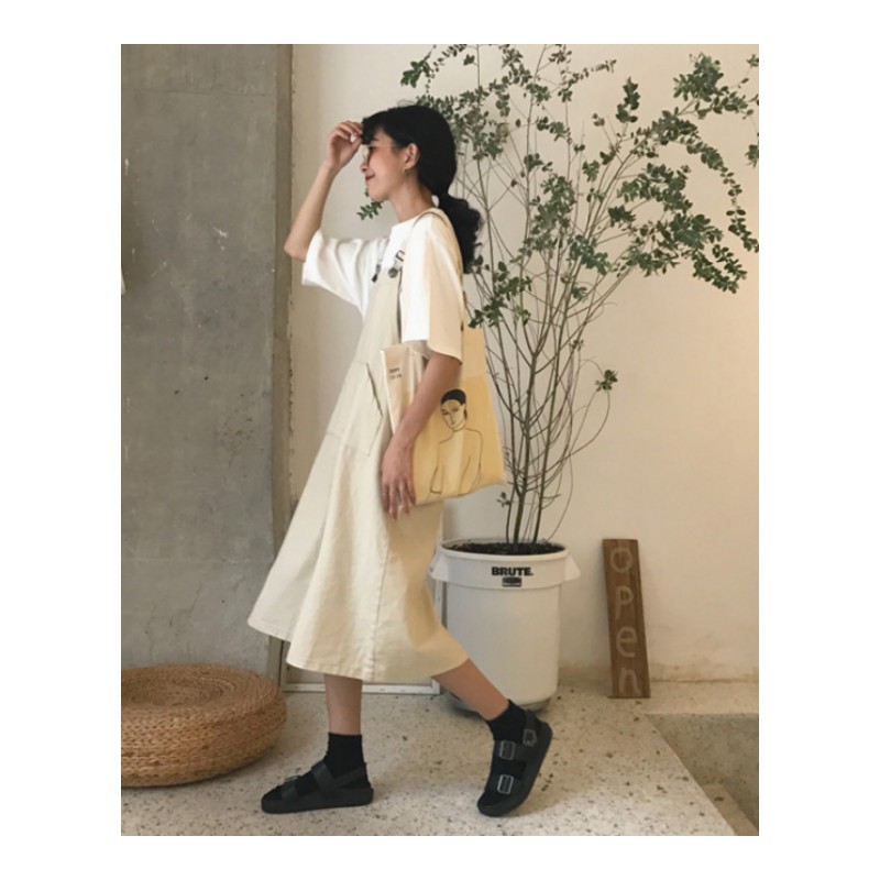韩版夏装学院风复古做旧中长款大口袋牛仔连衣裙女学生背带裙杏色均码