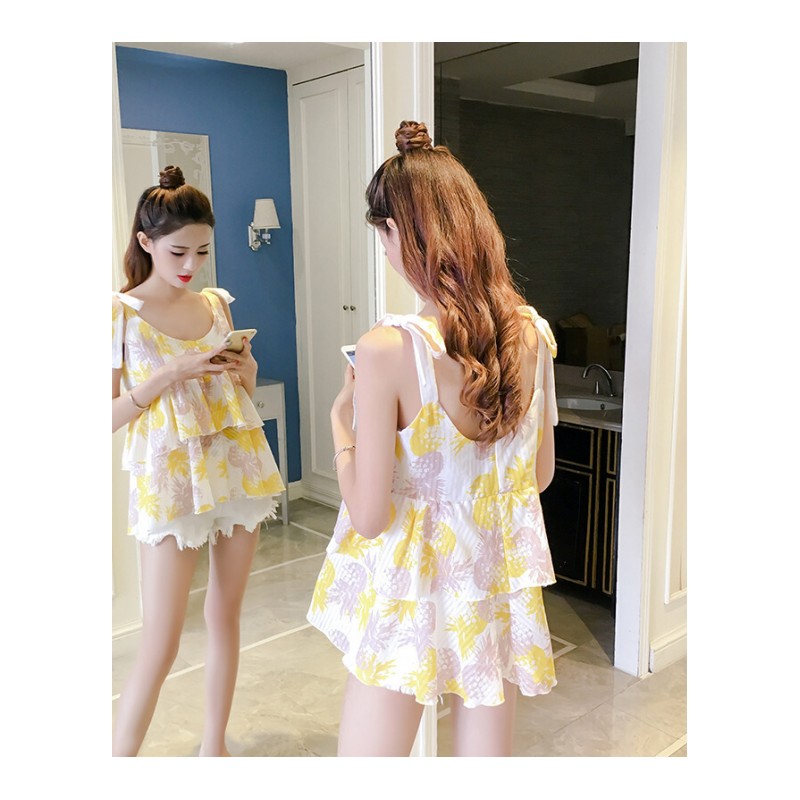 2018夏装韩版露肩花朵连衣裙无袖带背心双层衬衫上衣女