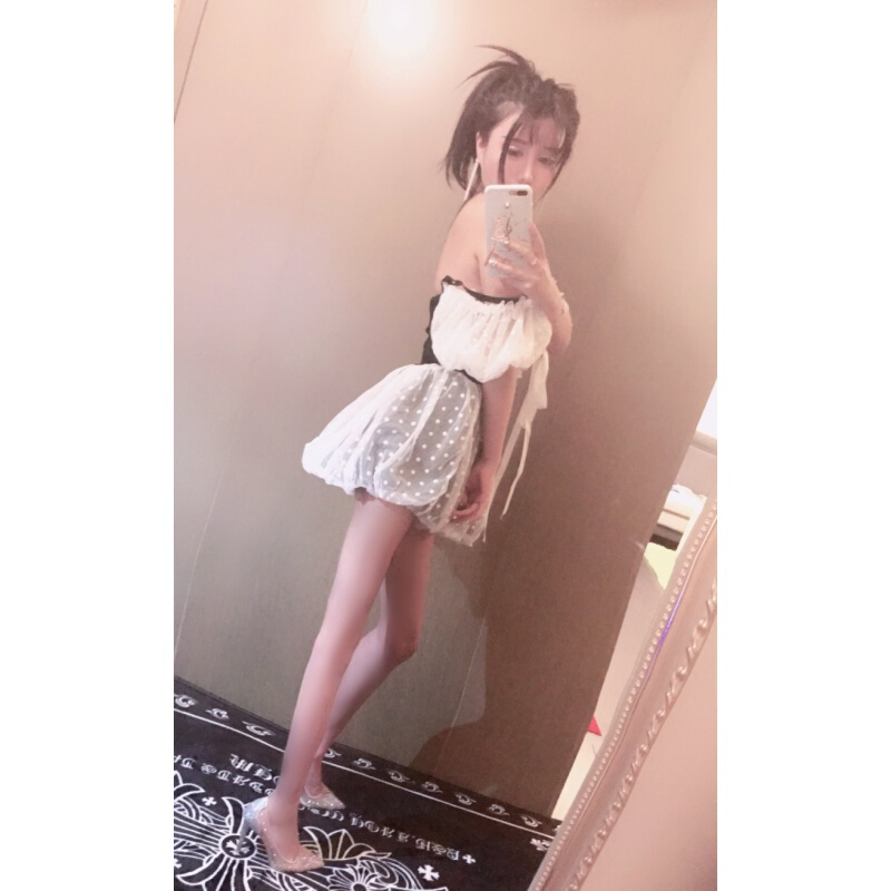 2018夏季甜美女装可一字领系带网纱拼接露肩蕾丝公主连衣裙潮白色均码