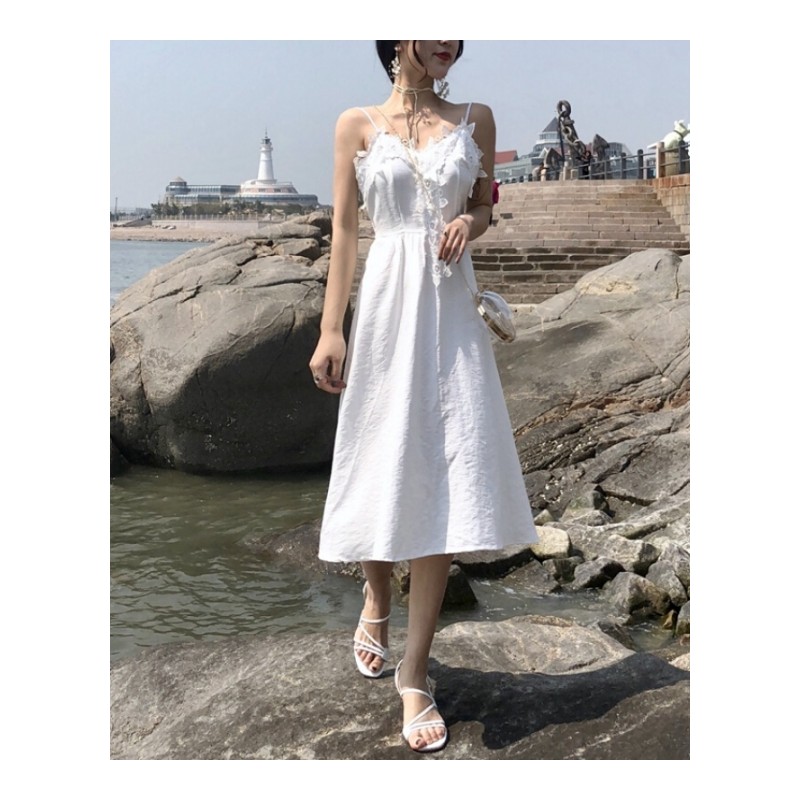 夏季韩版时尚中长款气质V领花瓣带绑带露背连衣裙女