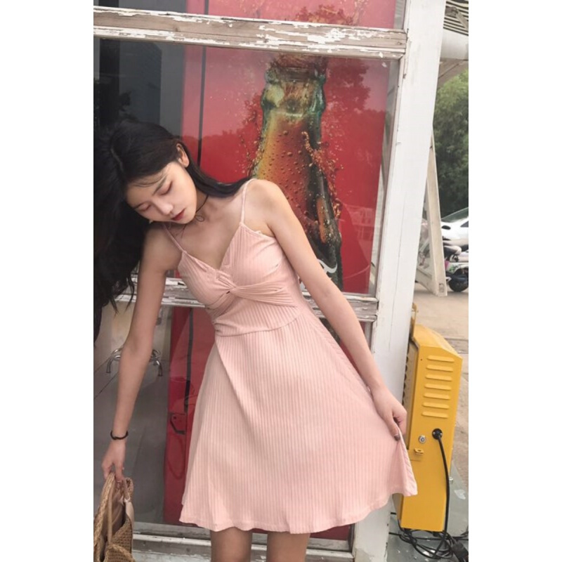 夏季韩过温柔性感低V领交叉打结设计修身带连衣裙女沙滩裙粉色均码