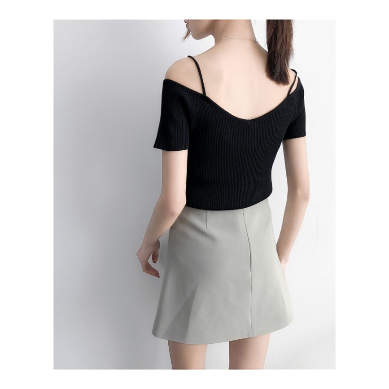 2018针织衫短袖T恤夏装女士性感一字肩漏肩带衫修身露锁骨上衣