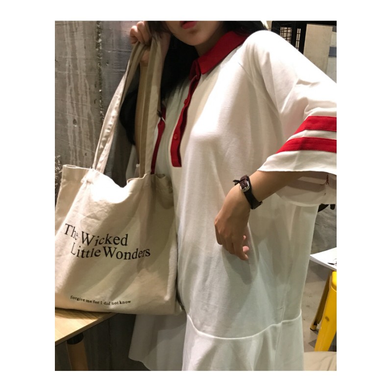 夏季韩版POLO领学院翻领撞色条纹中长款短袖T恤荷叶边连衣裙大红均码