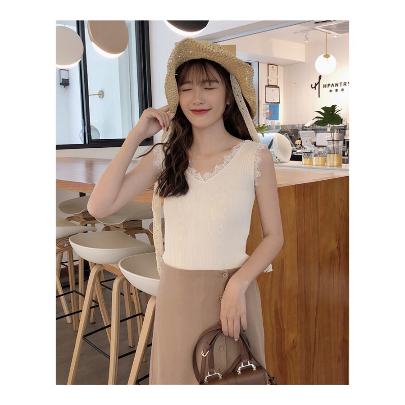 无袖T恤女修身内搭打底睫毛蕾丝拼接带上衣夏外穿背心雾霾蓝均码