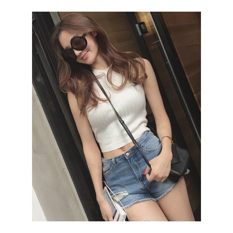 露脐短款针织带背心女夏外穿欧美紧身高腰显瘦打底无袖上衣白色均码