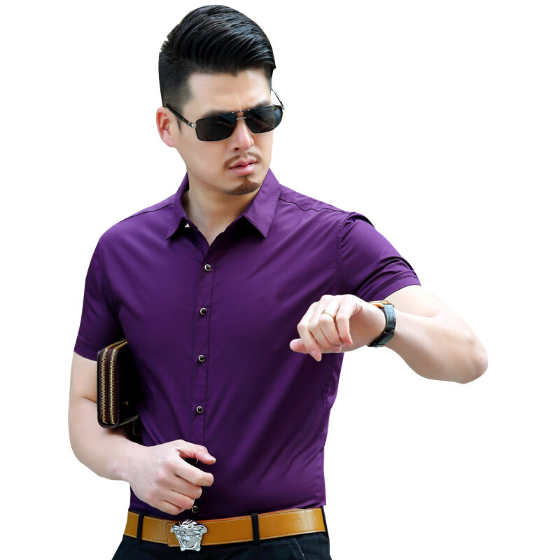 短袖衬衫男夏季男士商务休闲半袖纯色丝光棉衬衣免烫薄款紫M-809